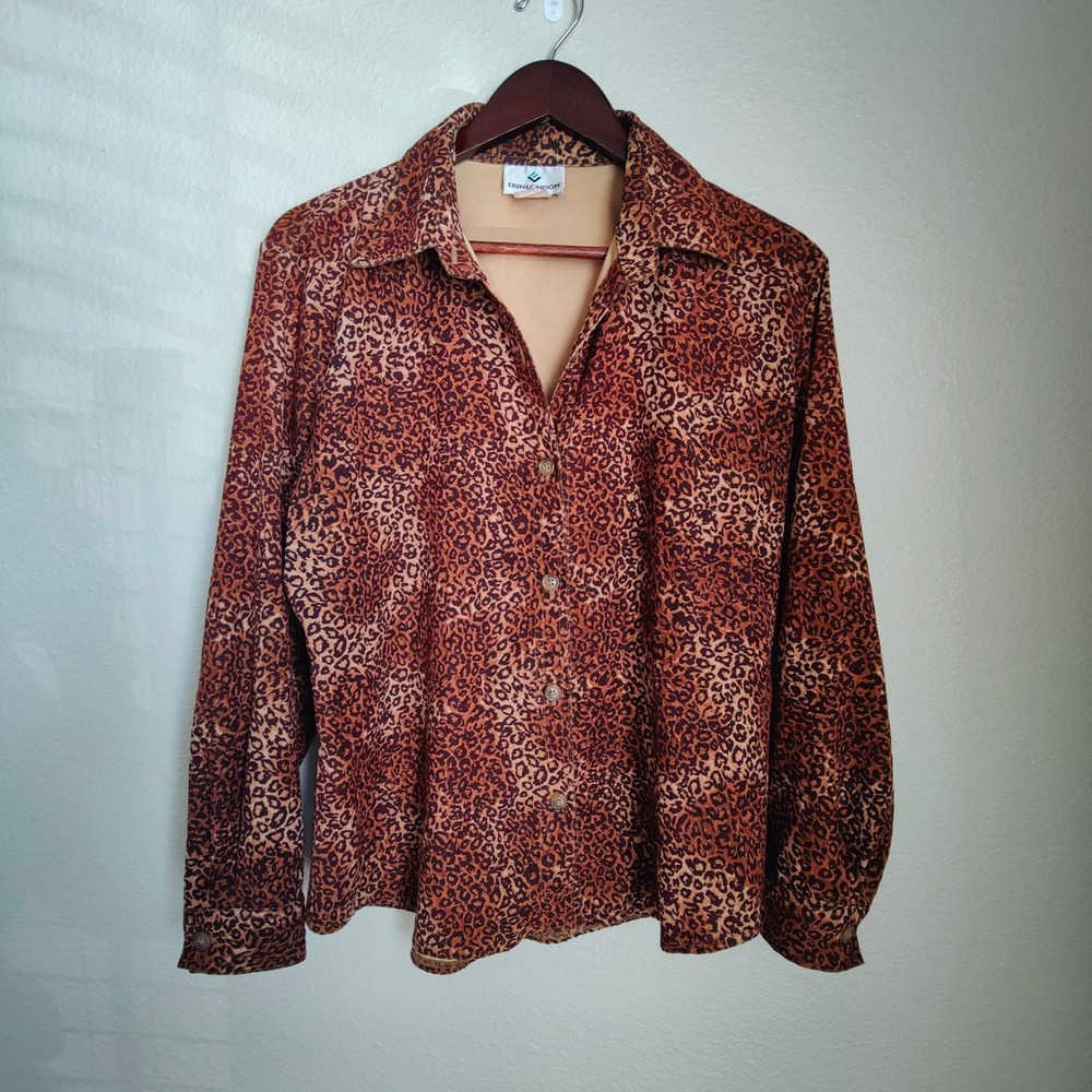 Erin London Vtg 80s 90s Cheetah Print‎ Button Down Blouse Oversized Animal Top